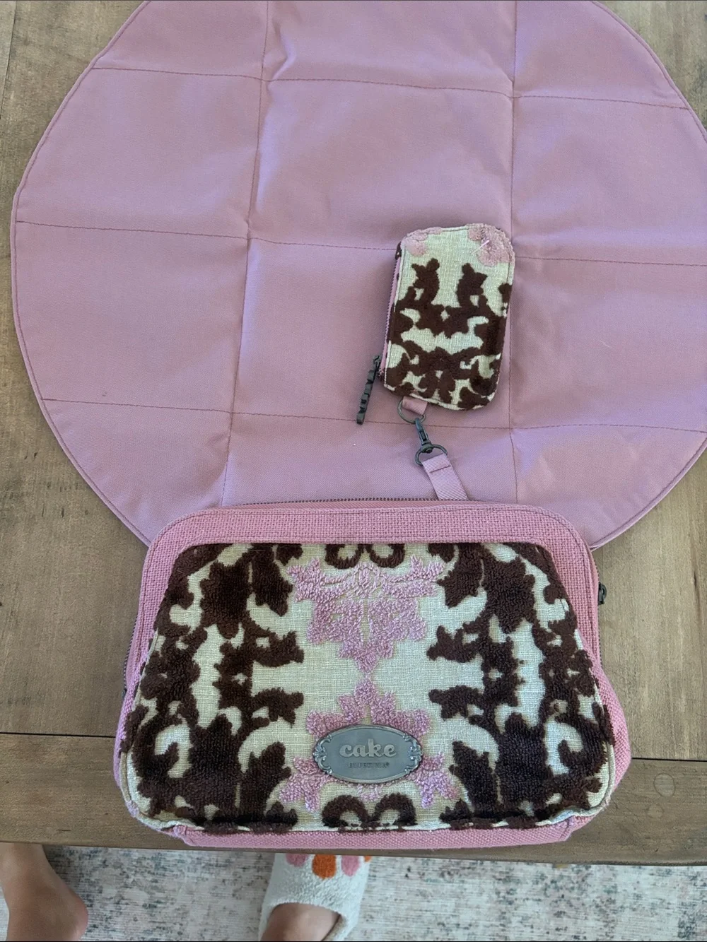 Cake Pink and Brown Damask Travel Pouch Set
